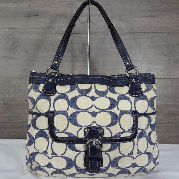 Coach Handbags - Coach 19620 Canvas Leather Poppy Signature Blue Cream Shoulder Bag Tote Handbag